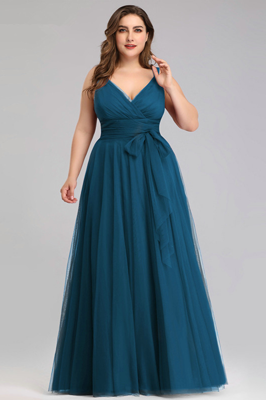 Ink blue v-neck sleeveless long tulle plus size prom dress