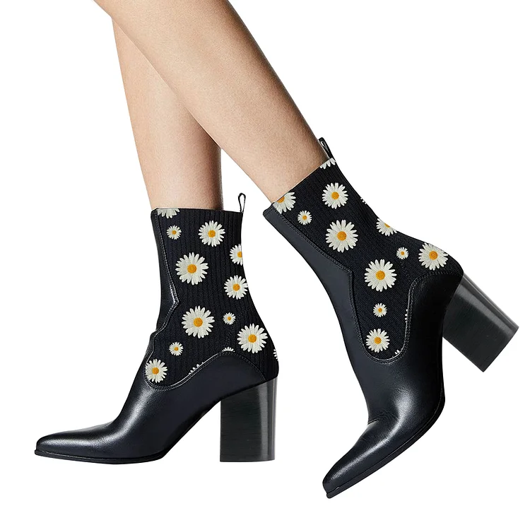 Black Daisy Chelsea Boots Pointy Toe Block Heel Slip On Short Boots |FSJ Shoes