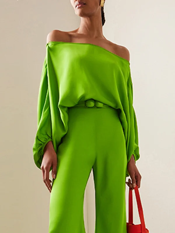Solid Color Split-Joint Batwing Sleeves Loose Off-the-shoulder Blouses