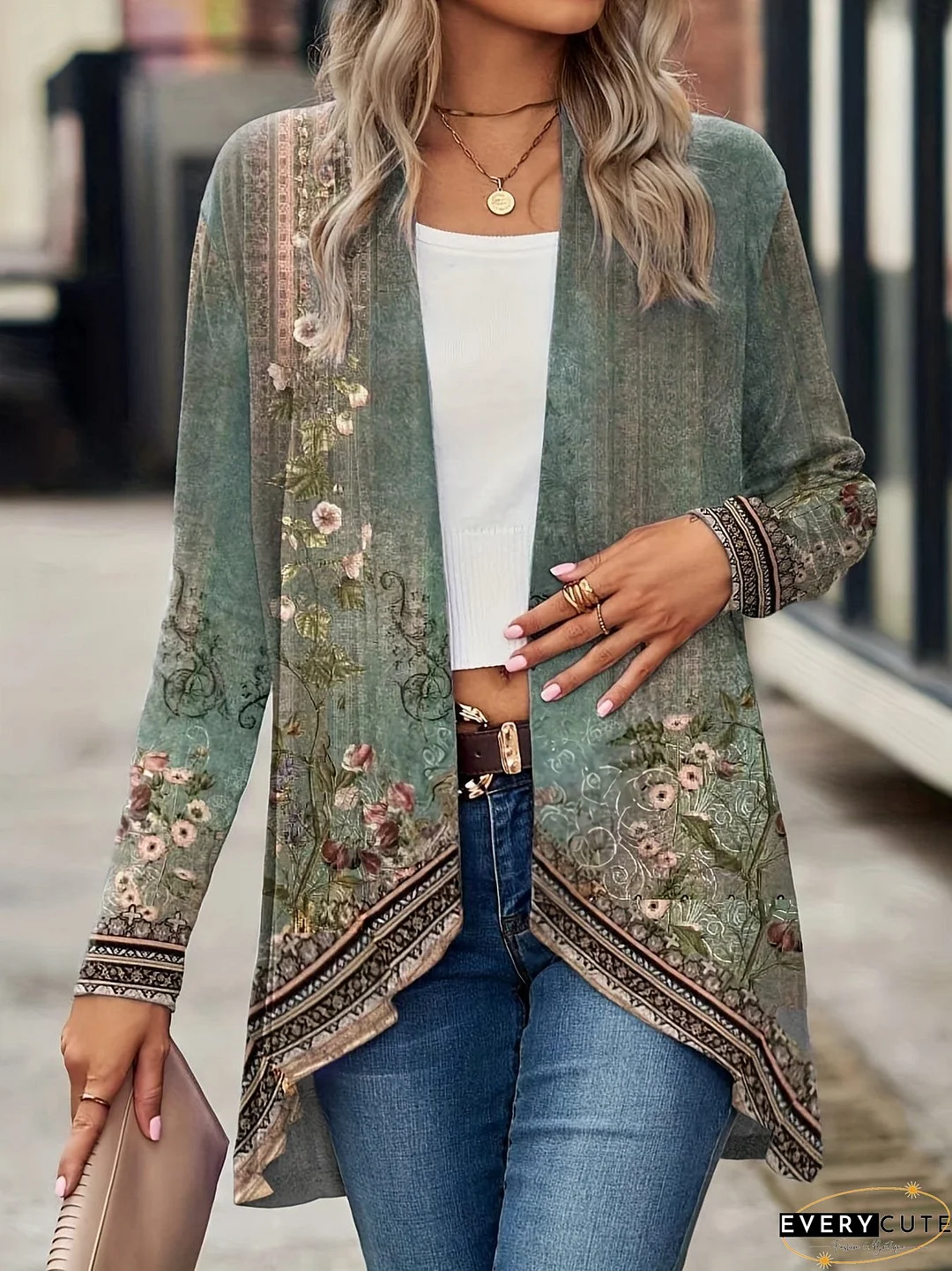 Floral Print Dipped Hem Open Front Long Sleeve Casual Cardigan