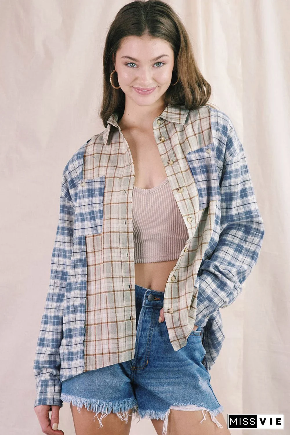 Plaid Color Block Pocket Button-up Long Sleeve Shirt