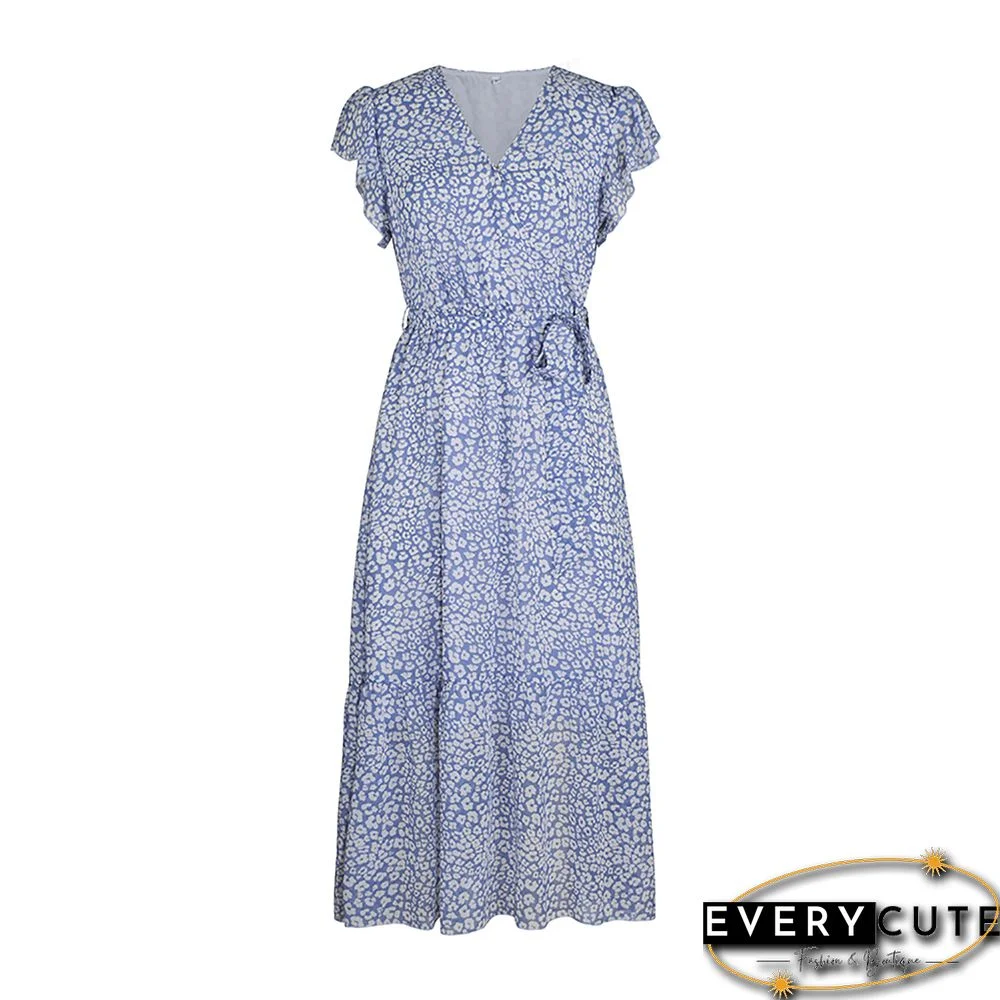 Light Blue V Neck Ruffle Detail Tie Waist Floral Dress