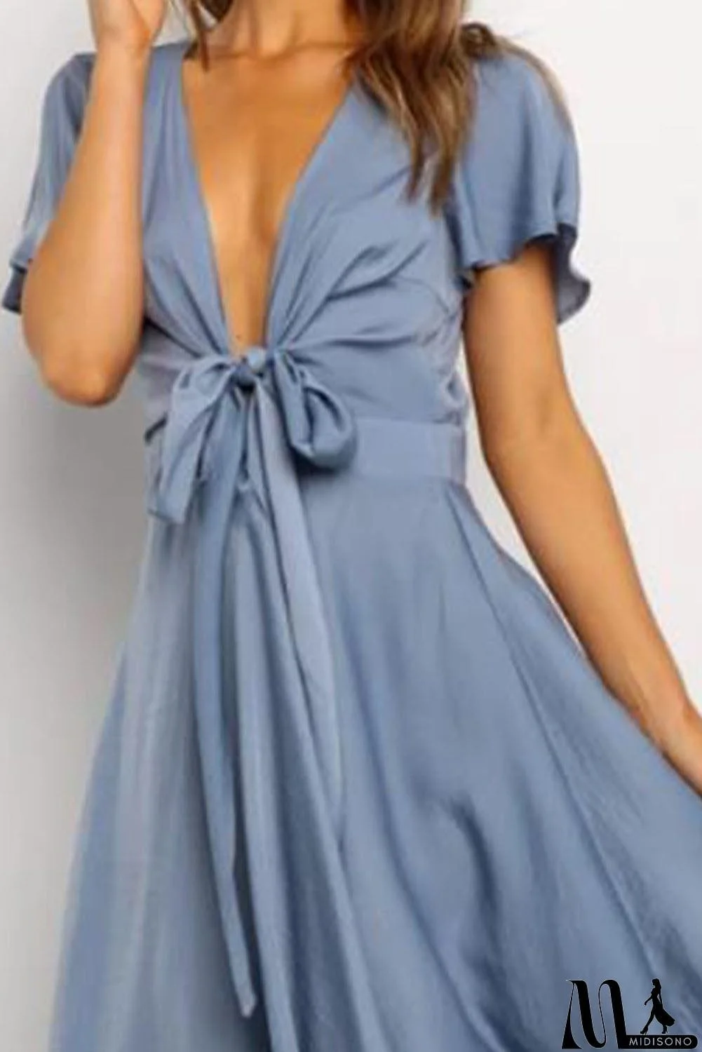 MidiSono - Deep V Neck Flutter Sleeve High Waist Flare Midi Dress