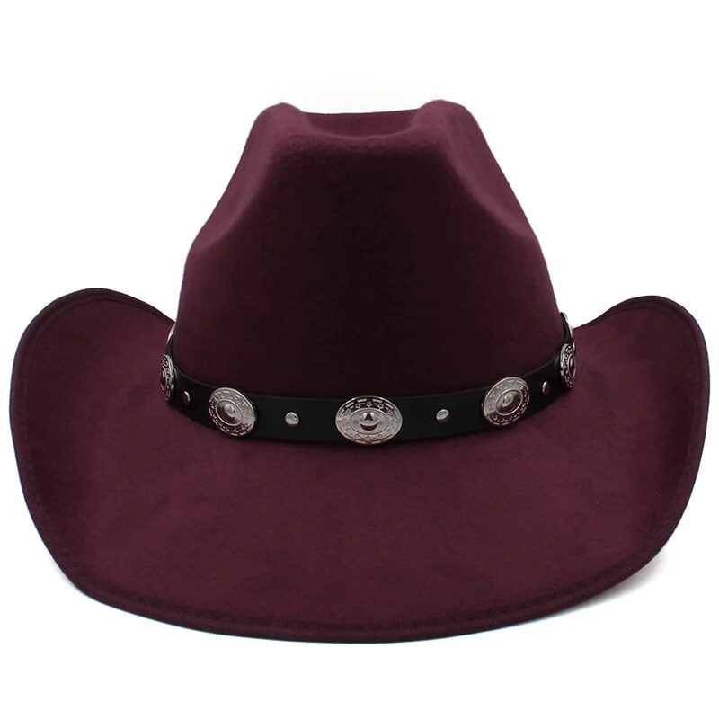 Gamezplane Fashion Men Women Western Cowboy Hat With Cow Head Band Wide Brim Hat Pop Jazz Hat Winter Wool Hat Size 56-58CM