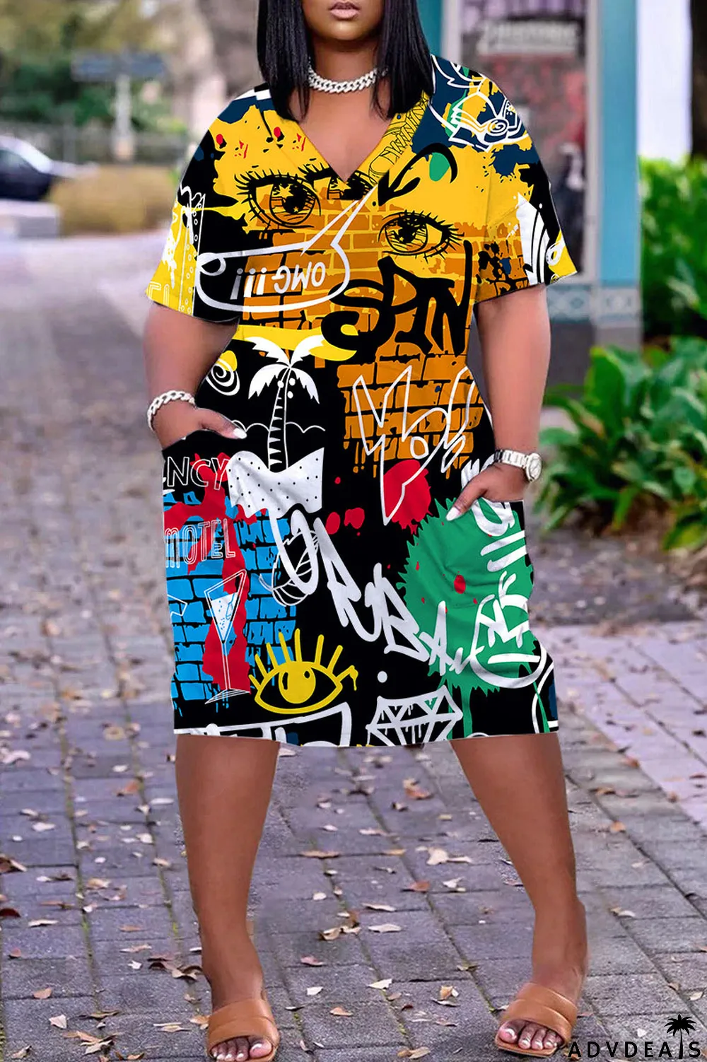 Light Brown Casual Work Print Patchwork V Neck Straight Dresses