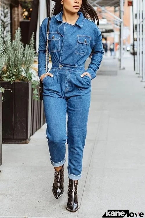 Lapel Pockets Slim Denim Jumpsuit