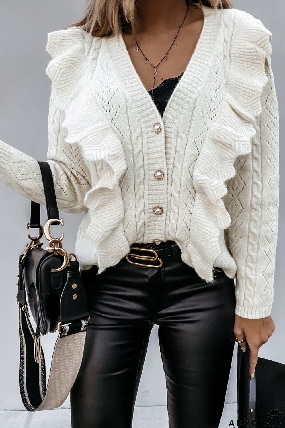 Ruffled Buttoned Open Front Knitted Sweater