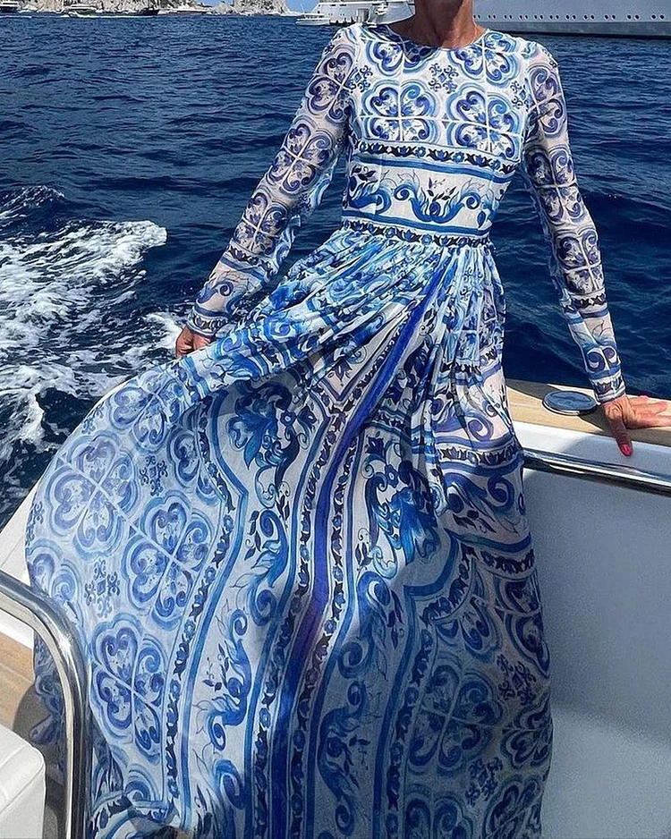 Blue And White Porcelain Print Chiffon Long-sleeve Dress