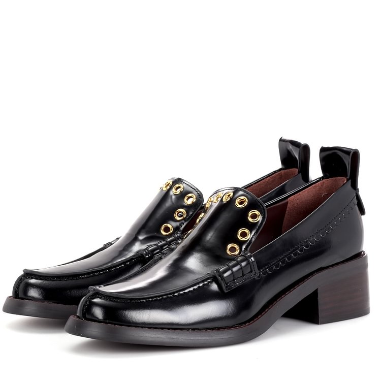Black Round Toe Chunky Heels Platform Loafers for Women |FSJ Shoes