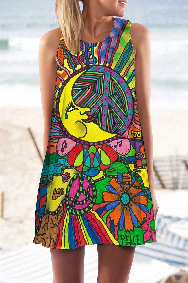 🔥kukelife🔥Hippie Moon Art Print Sleeveless Short Dress