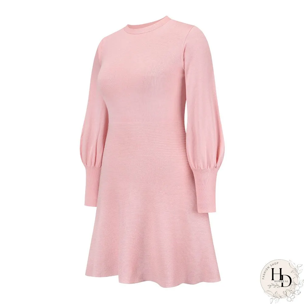 Crew Neck Long Sleeve High Elastic Waist Mini Dress