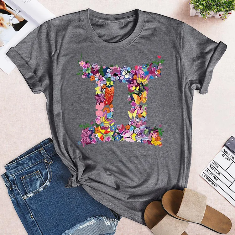 Gemini Colourful Flowers T-Shirt-03217-Annaletters