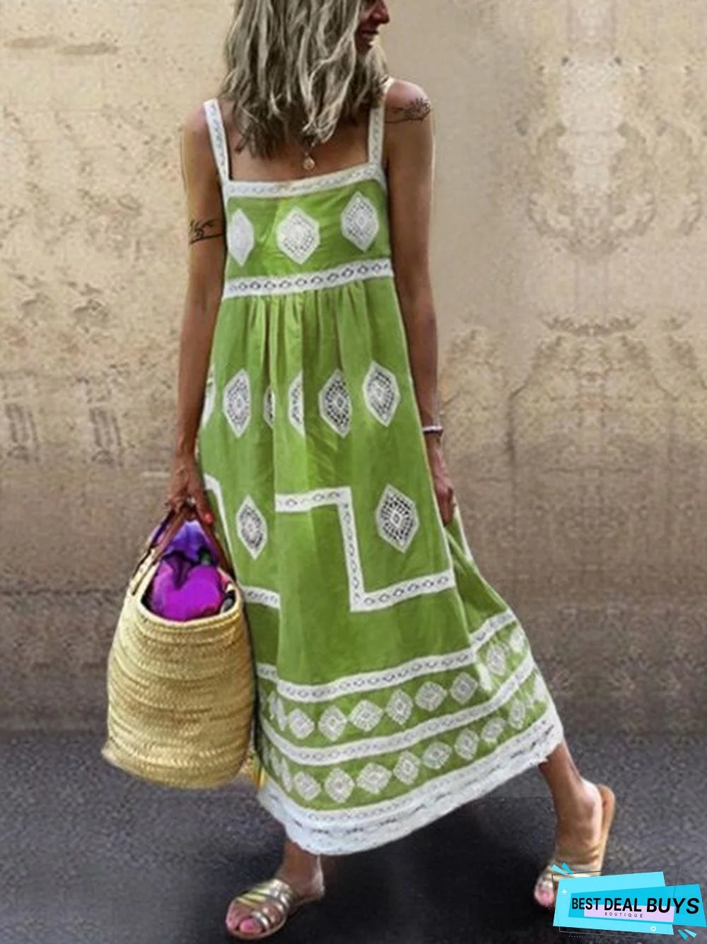 Women Boho Holiday Graphic Linen Maxi Dress