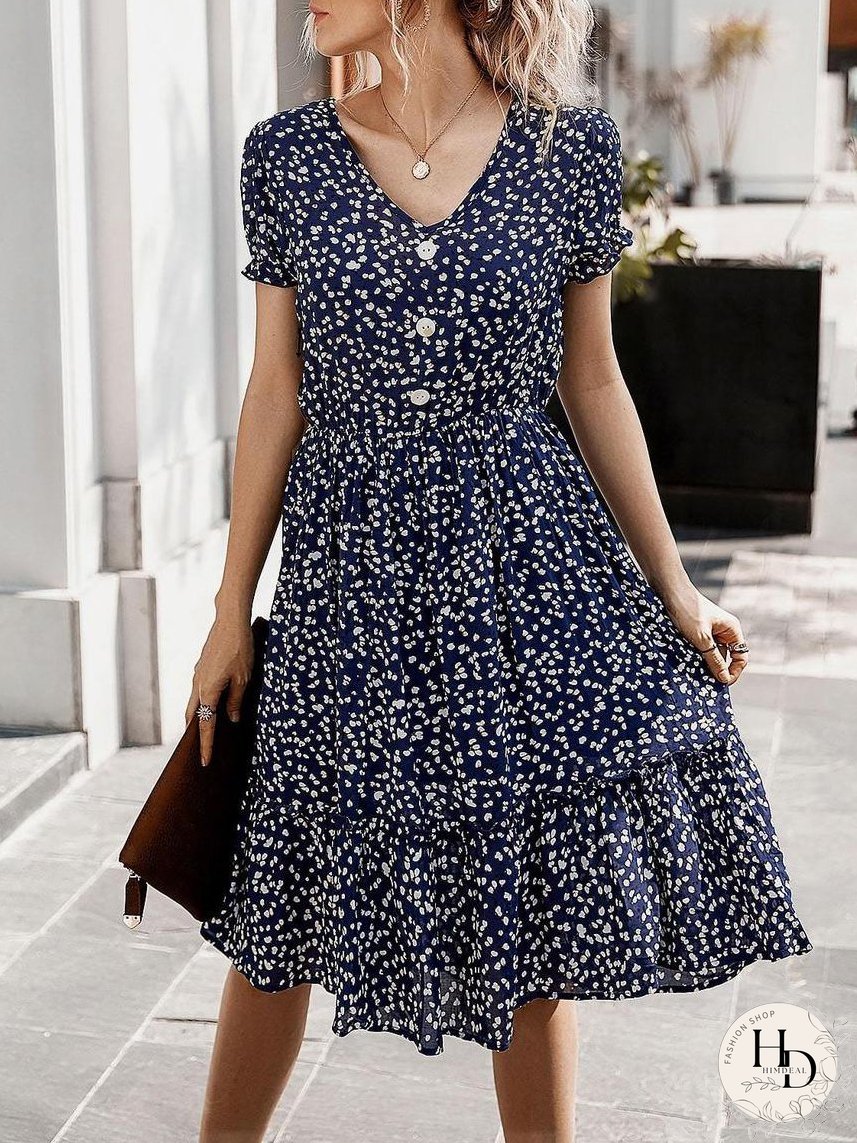 All Over Print Frill Trim Dress for Women