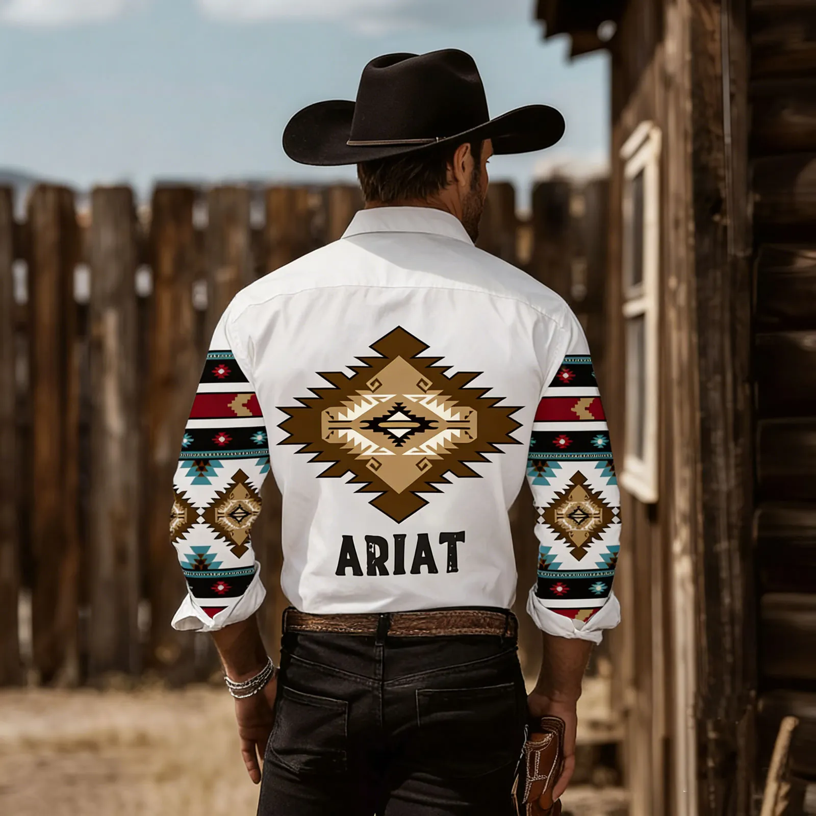 Western-Inspired Printed Long Sleeve Shirt With Tribal Pattern And Bold Back Design