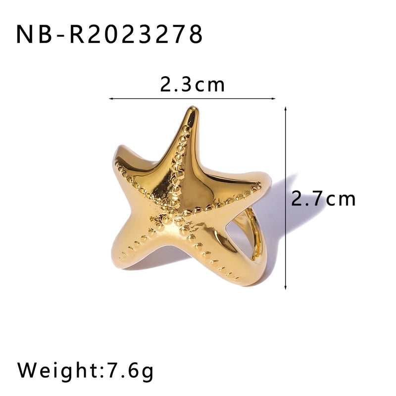 IG Style Starfish Solid Color 304 Stainless Steel Artificial Pearls Zircon 18K Gold Plated Plating Inlay Open Rings