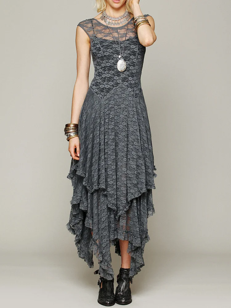 Fashion Irregular Hem Crew Neck Lace Midi Dress