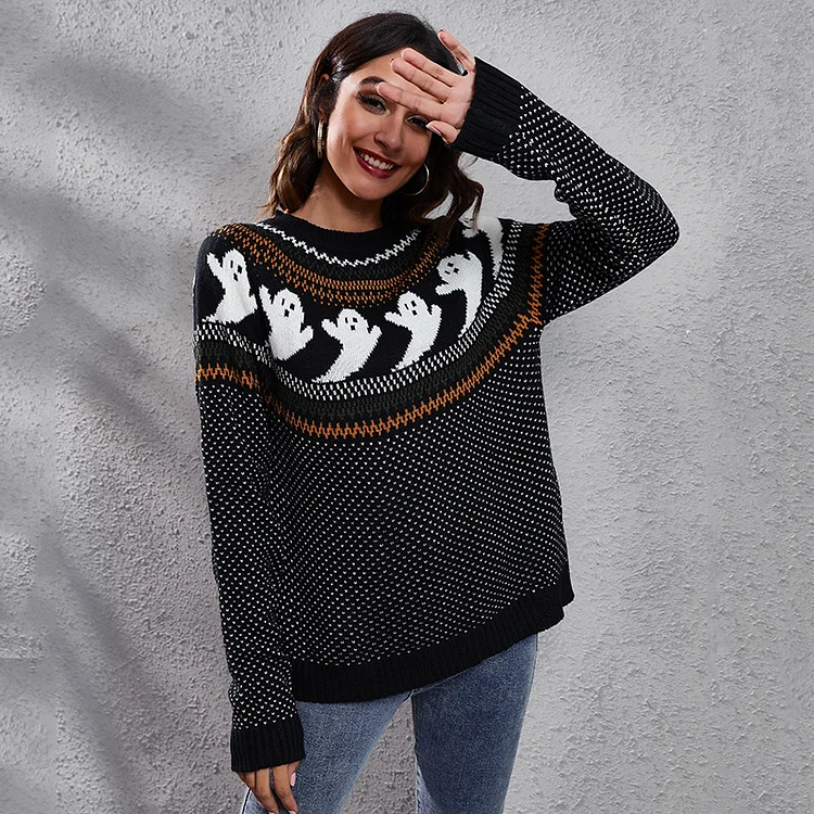 PASUXI Autumn Winter Women's Halloween Knitted Print Long-sleeved Sweatshirt Casual Blouse Pullover Women's Sweater huanwei