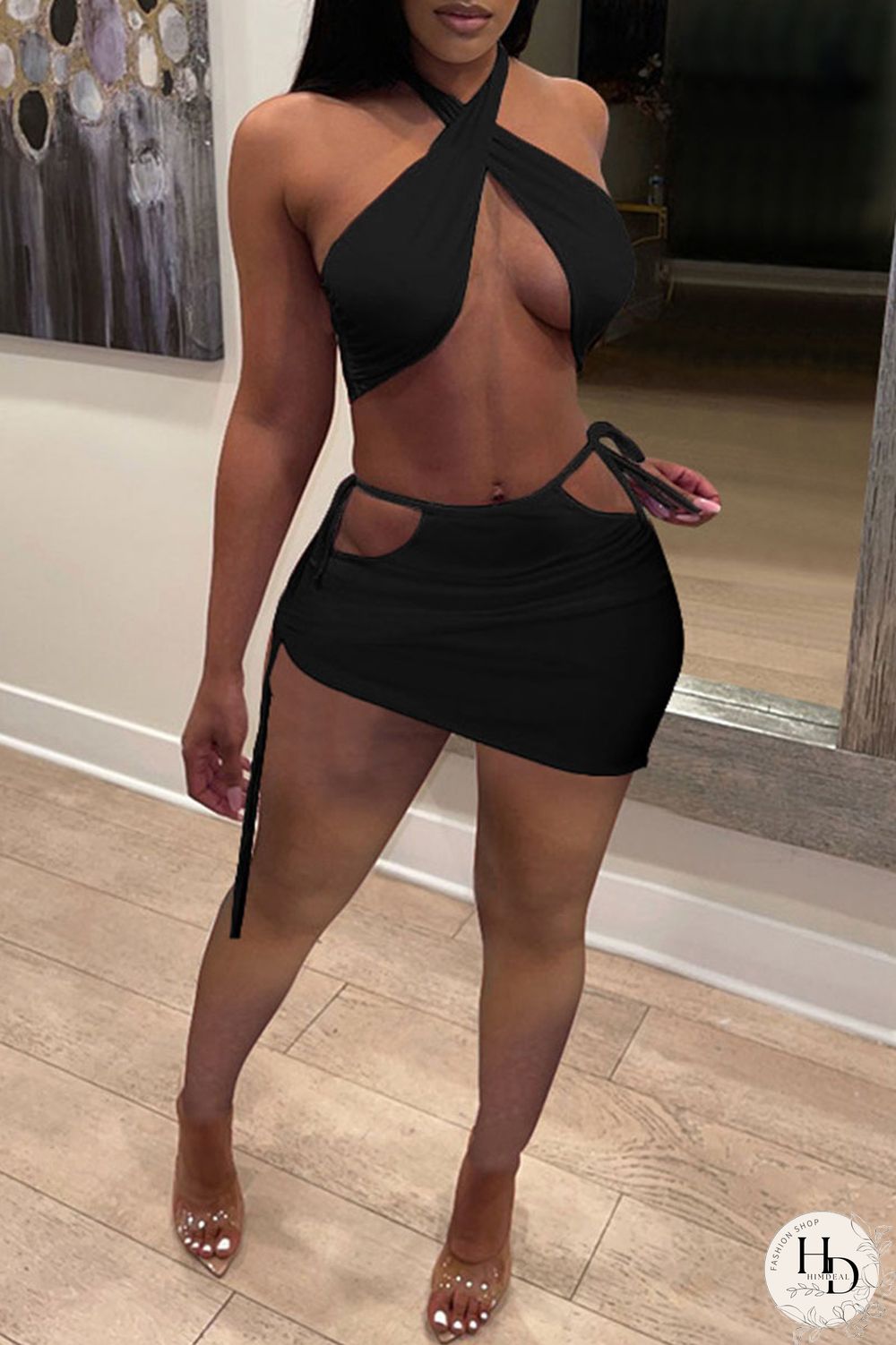 White Sexy Solid Bandage Draw String Backless Halter Sleeveless Two Pieces