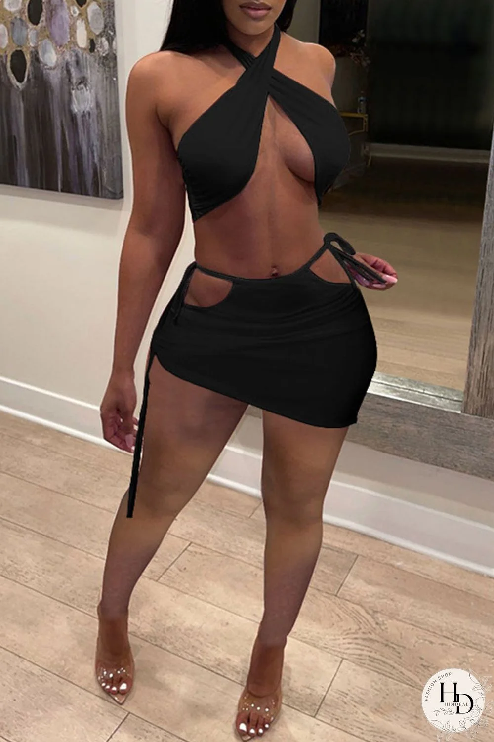 White Sexy Solid Bandage Draw String Backless Halter Sleeveless Two Pieces