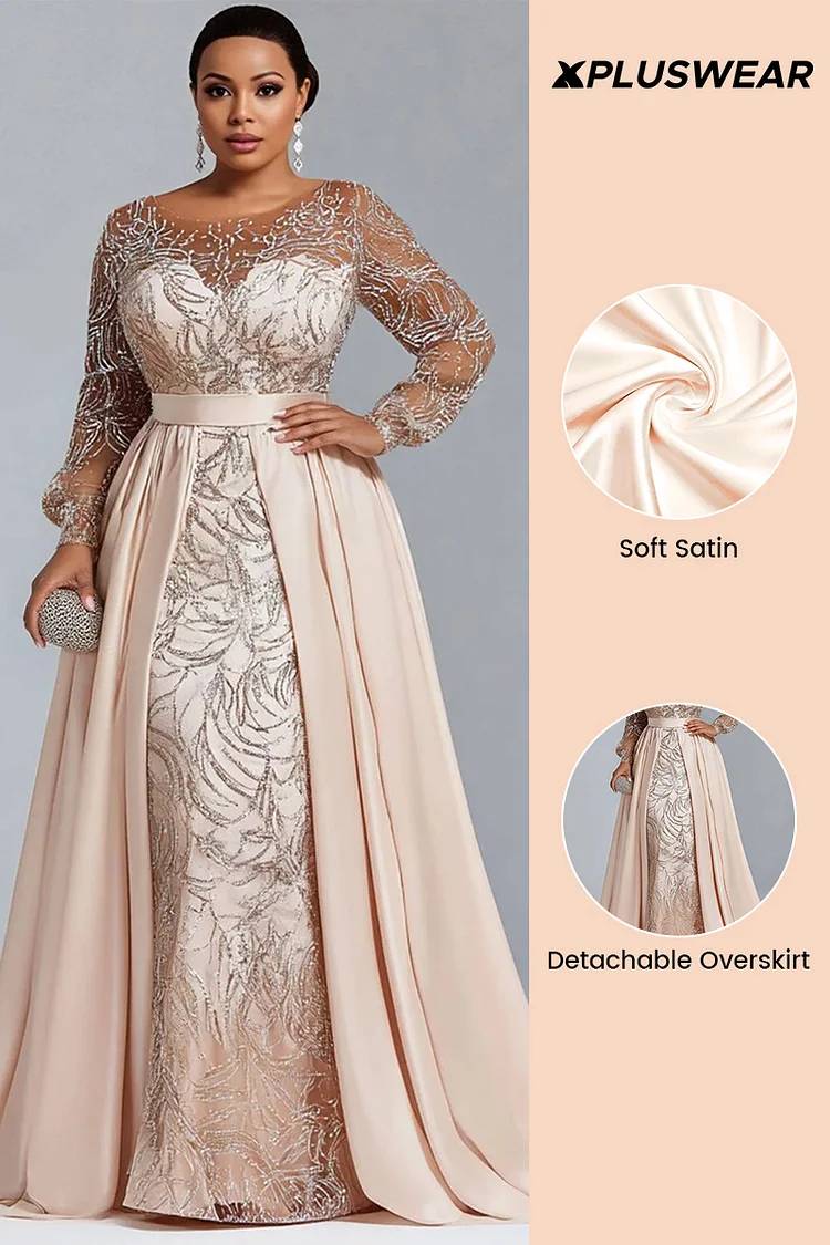 Xpluswear Design Plus Size Formal Champagne Round Neck Long