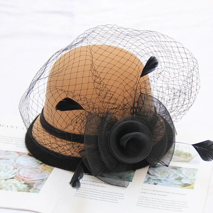 Women's Winter Hats Feather Mesh Flower Retro Wool Top Hat