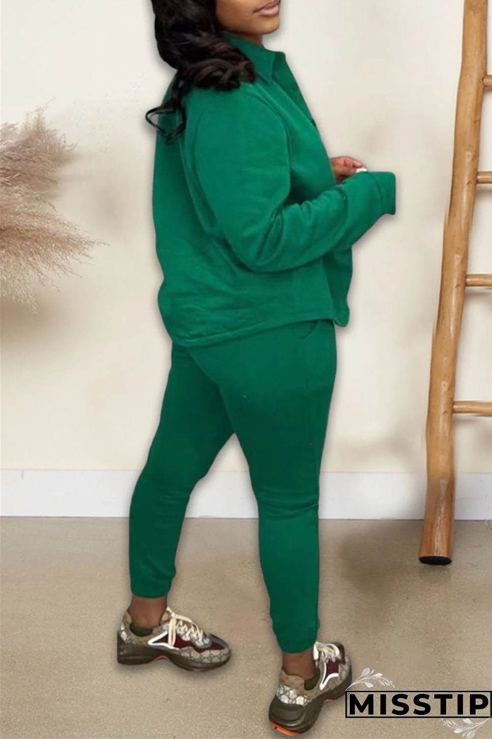 Green Casual Solid Cardigan Pants Turndown Collar Long Sleeve Two Pieces