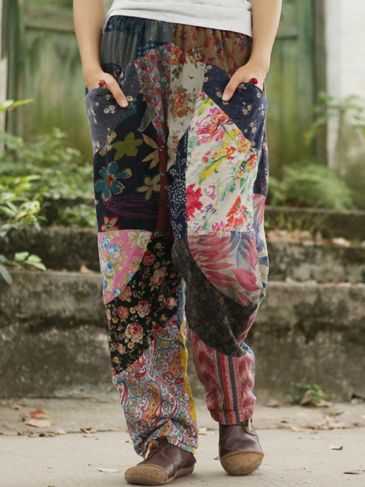 Comstylish Women Botanical Floral Patchwork Casual Cotton And Linen Pants