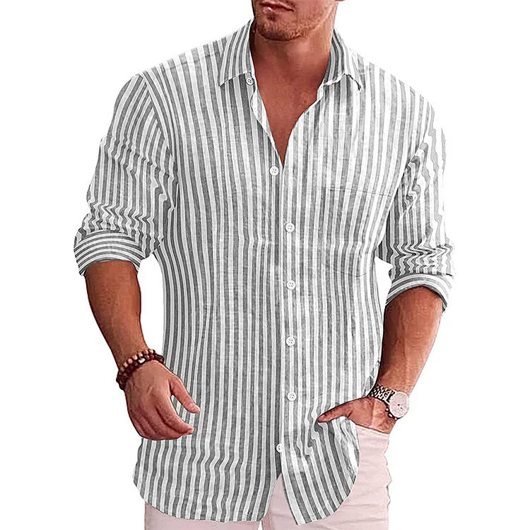 Men's Casual Loose Cotton Linen Striped Long-sleeved Shirt socialshop