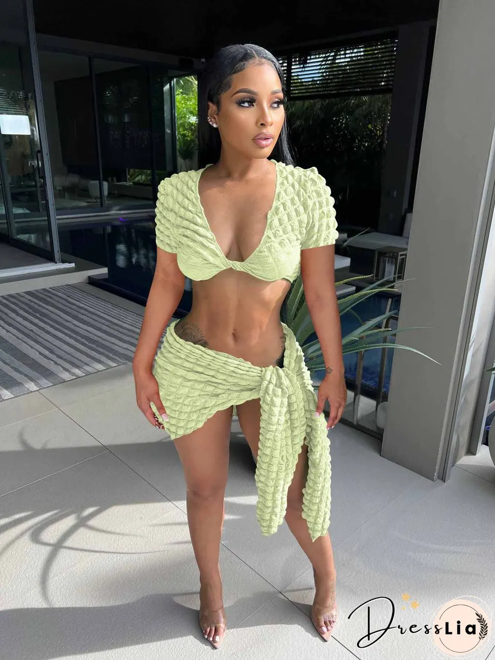 Short Sleeve Crop Tops Lace Up Skirts Two Piece Set