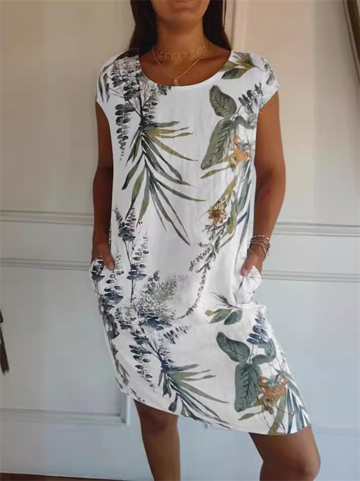 Summer New Women's Cotton and Linen Printing Round Neck Dress Floral Mid-length Dresses