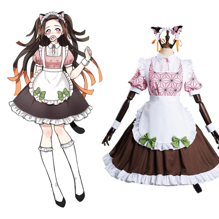 Anime Demon Slayer Kamado Nezuko Cosplay Costume Cat Ear Maid Lolita Dress Kimono Outfits Halloween Carnival Suit Re-creation Design-coshduk