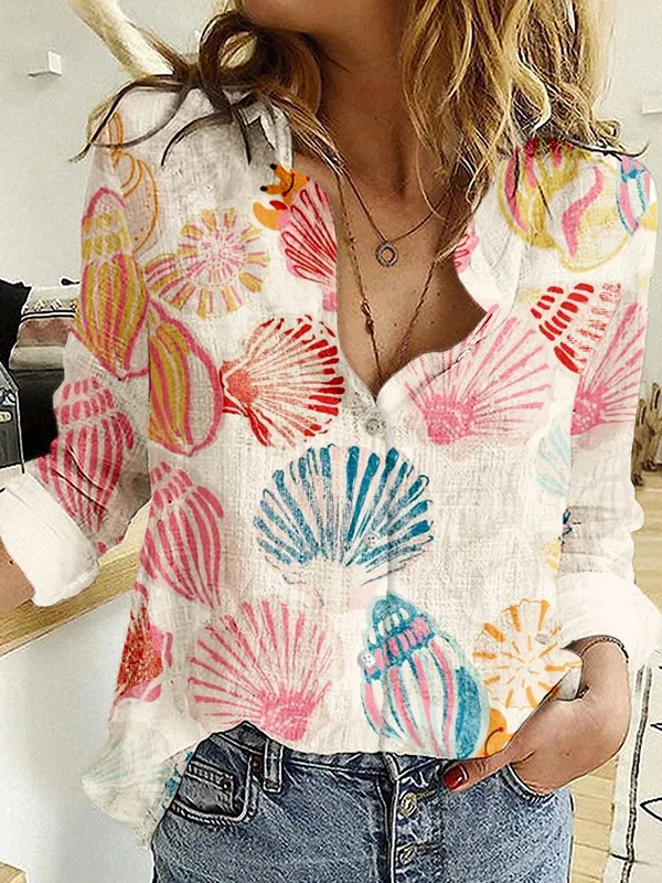 Colorful Ocean Shells Pattern Long Sleeve Cozy Blouse