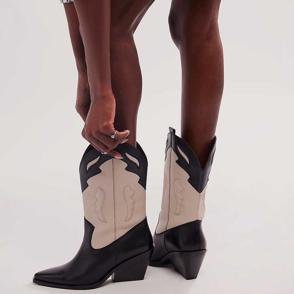 Black & Beige Pointy Toe Embroidered Patchwork Mid-Calf Cowgirl Boots