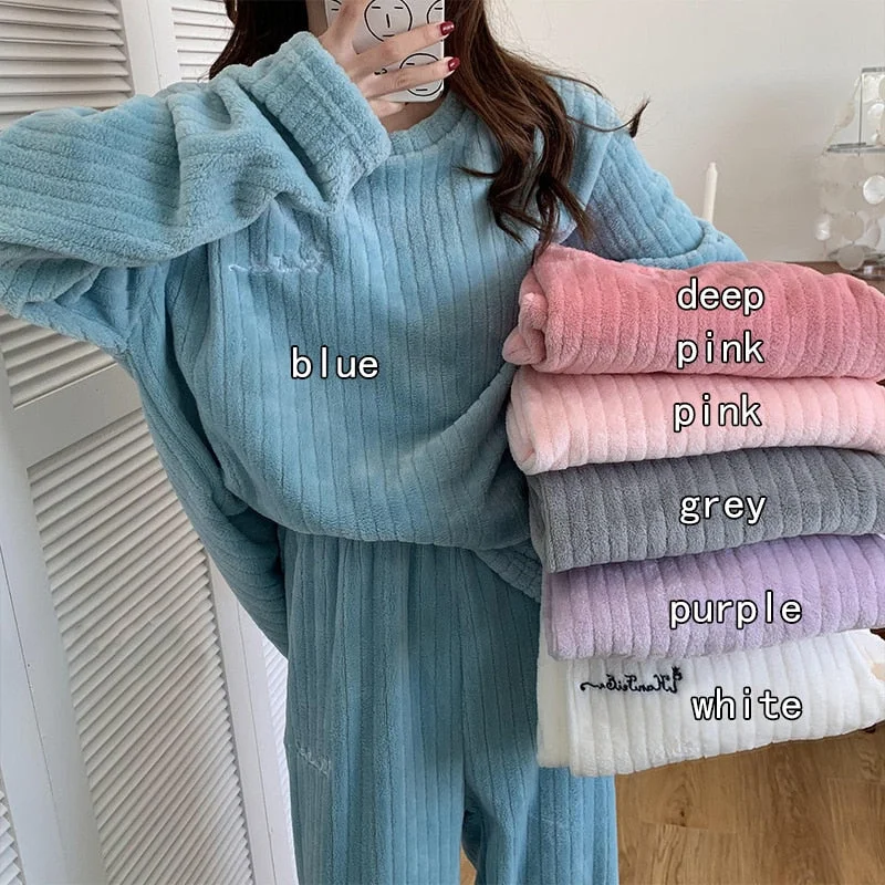 Winter Warm Women Pajamas Set Flannel Pajamas Homewear Sweatshirt Hoodies Thick Female Sleepwear Plush Pyjamas Suit Solid Color