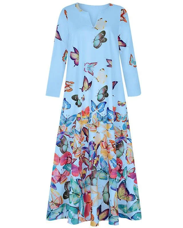 Women's Abaya Midi Dress Long Sleeve Butterfly Tie Dye Animal Print Plus Size Basic Boho White Blue Yellow Blushing Pink
