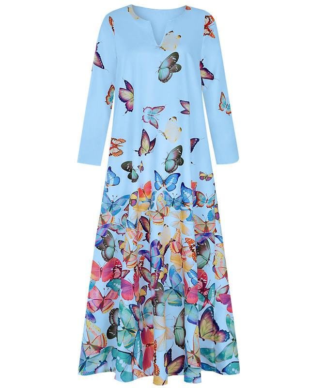 Women's Abaya Midi Dress Long Sleeve Butterfly Tie Dye Animal Print Plus Size Basic Boho White Blue Yellow Blushing Pink S M L XL XXL 3XL 4XL 5XL - VSMEE