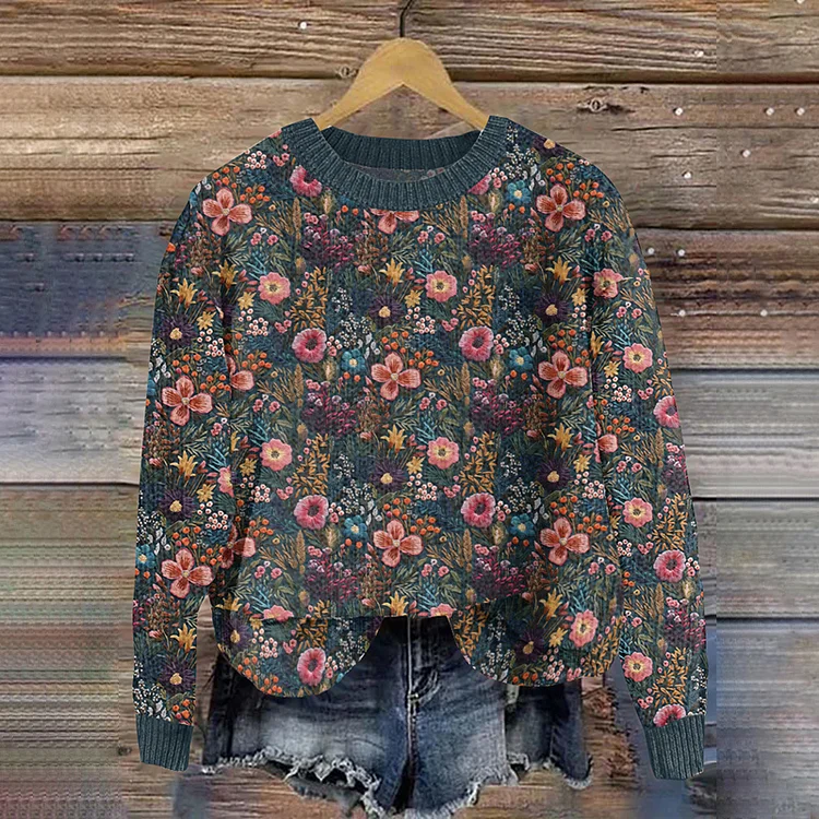 Vintage Floral Print Crew Neck Knitted Sweater