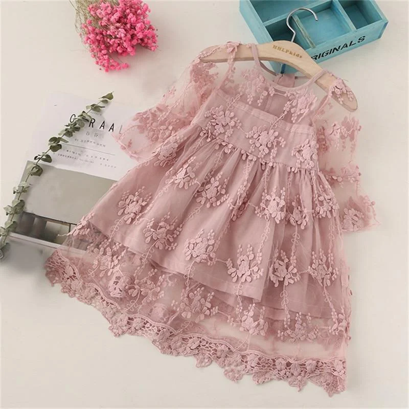 Kids dresses for Girls Spring Clothes Half-sleeve Lace Party Costume Red Children Elegant Prom Frocks 3-8Y Girls Casual Wear