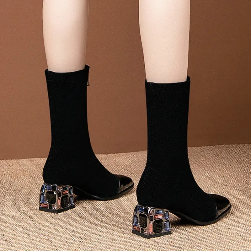 2020 Elastic Short Boots Woman Mid Calf Boots Rhinestone Heel Women Autumn Shoes Square toe Female Footware Front Zipper Black