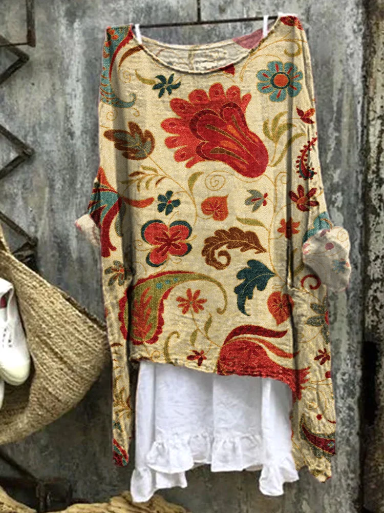 Vintage Colorful Floral And Paisley Pattern Cozy Linen Shirt