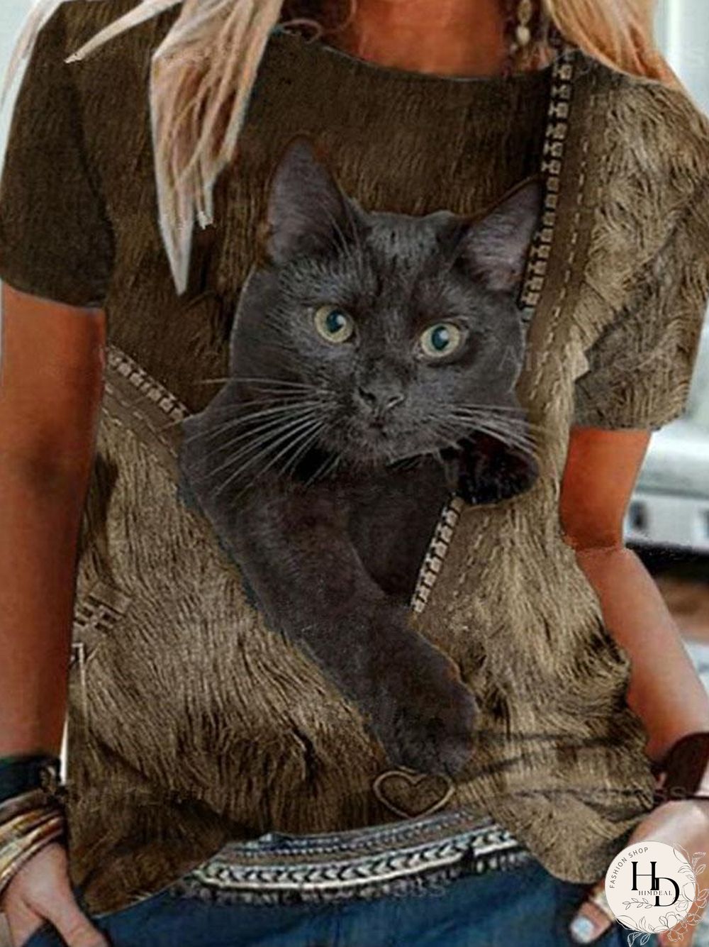 Cartoon Cat Print Casual O-Neck Short Sleeve T-Shirt