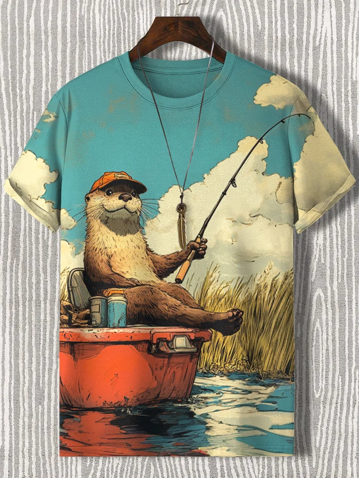 Men's Funny Otter Fishing Print Casual T-Shirt