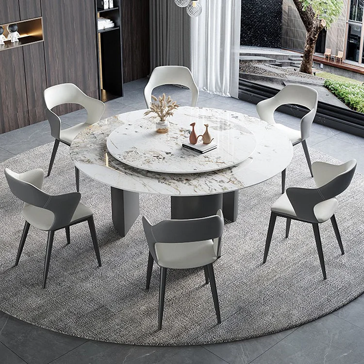 Homemys Modern Round Dining Table Sintered Stone Table With Rotating Top, Stainless Steel Base