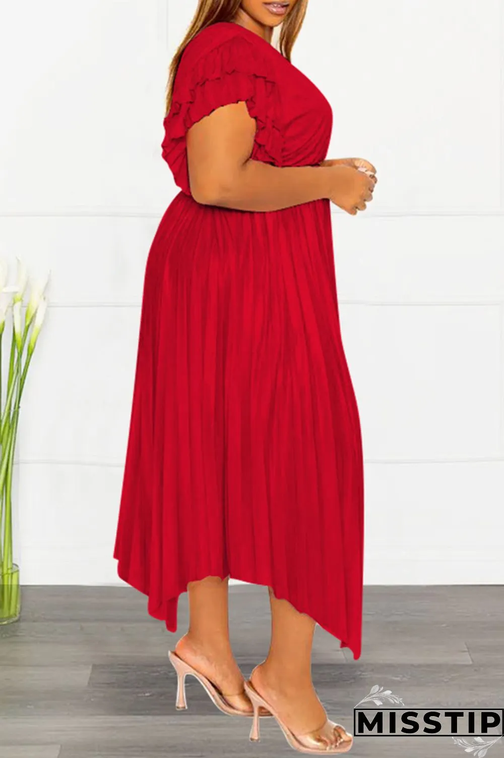 Pink Casual Solid Patchwork V Neck Pleated Plus Size Dresses
