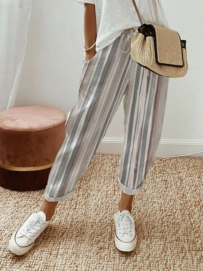 Striped Casual Pockets With Elastic Waistband And Loose Pants