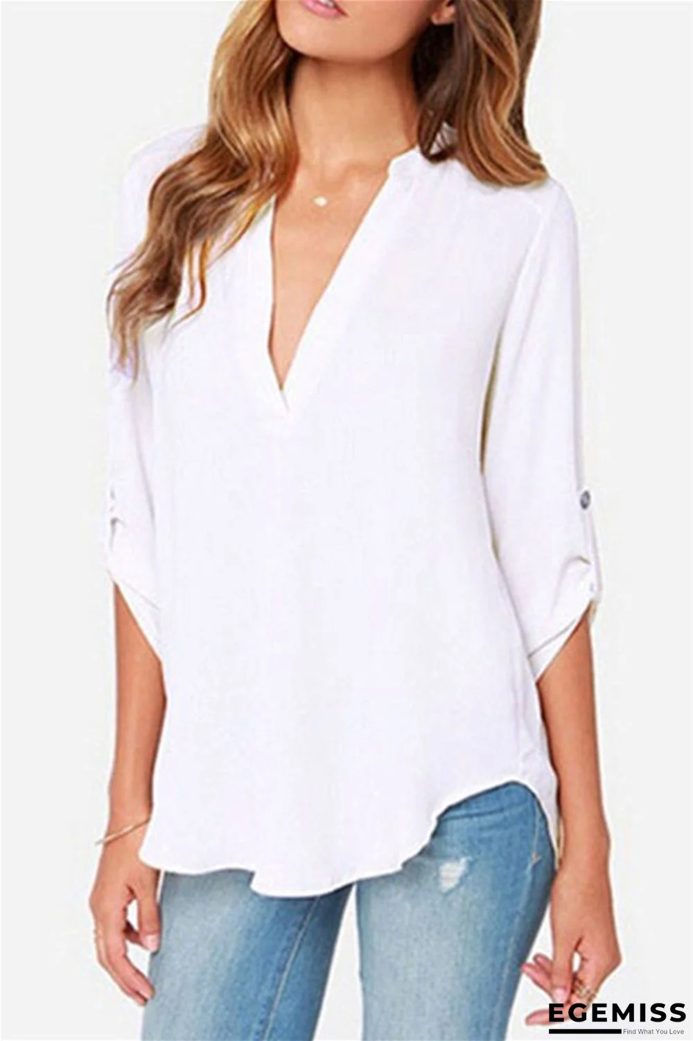 White Fashion Casual Solid Basic V Neck Tops | EGEMISS