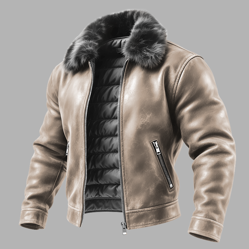 Men's Outdoor Cycling Vintage Brown Leather Jacket With Fur Collar