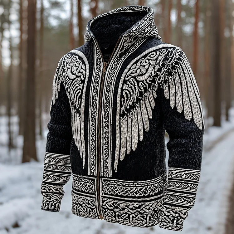 Men's Viking Celtic With Wings Art Cozy Knit Zipped Hooded Sweater