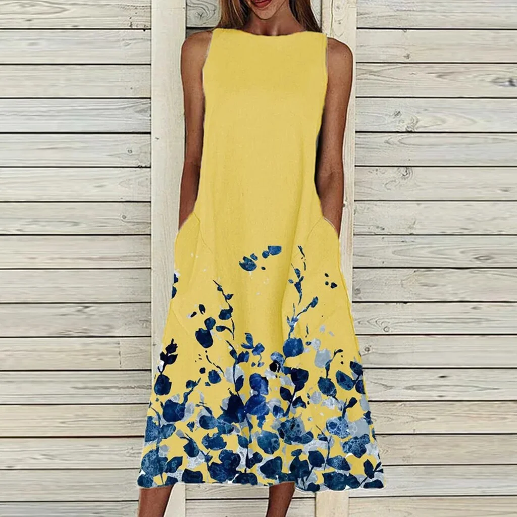 2021 Spring Summer Floral Print Party Dress Women Round Neck Sleeveless A-Line Dress Casual Loose Pocket Long Sexy Dress
